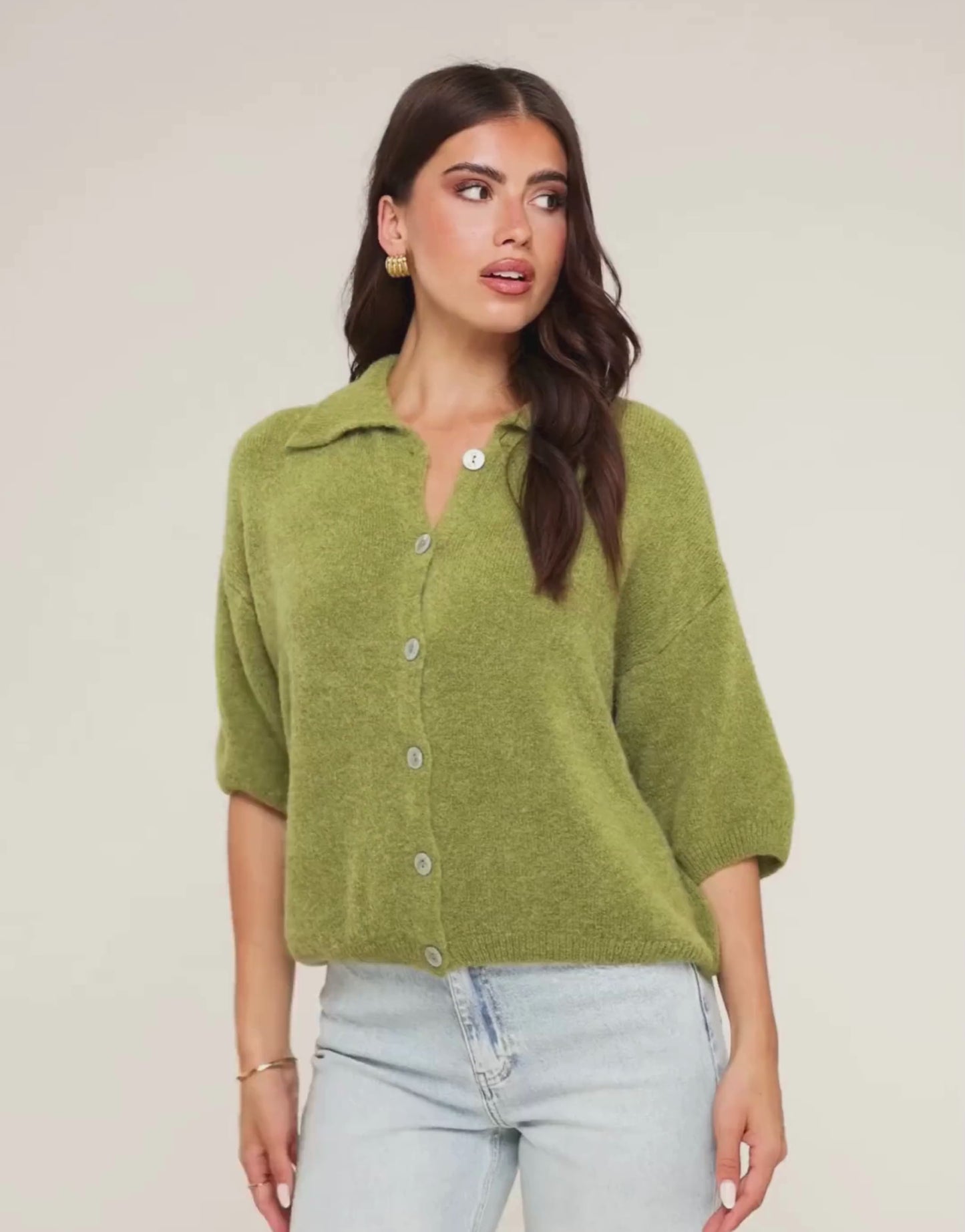 Olive Green Knitted Button Collar - Top