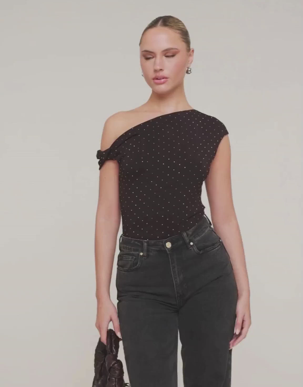 Donkerbruine Glitter One Shoulder - Top