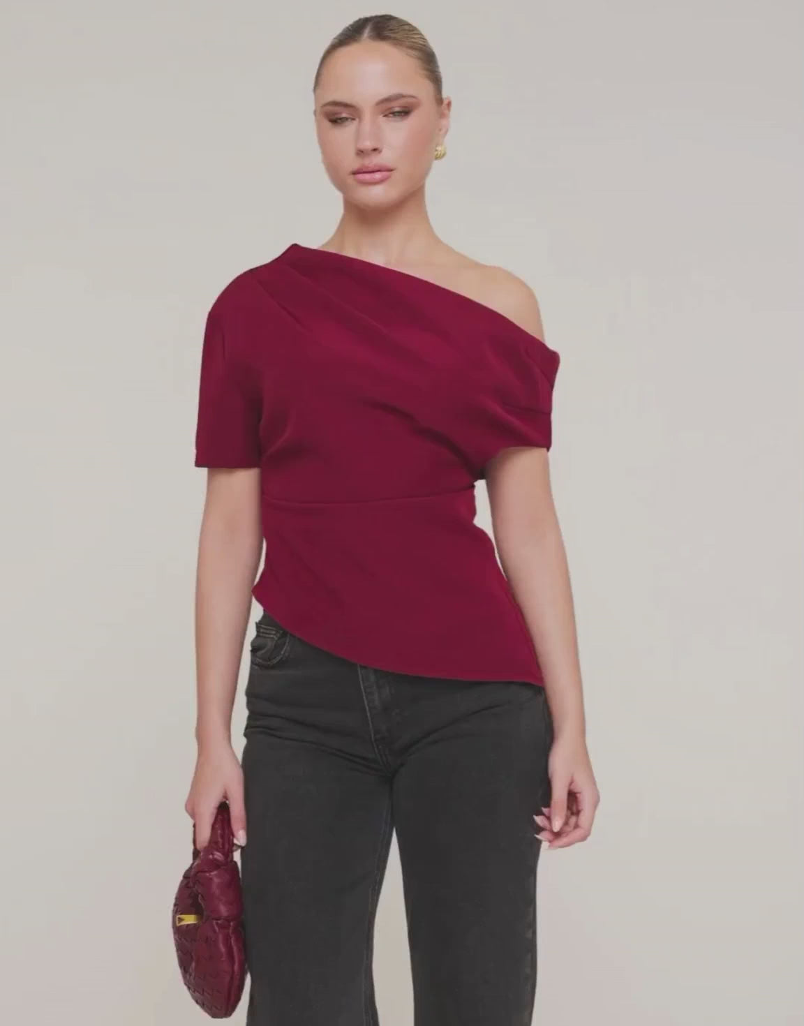 Bordeaux Gedrapeerde Off Shoulder SS - Top