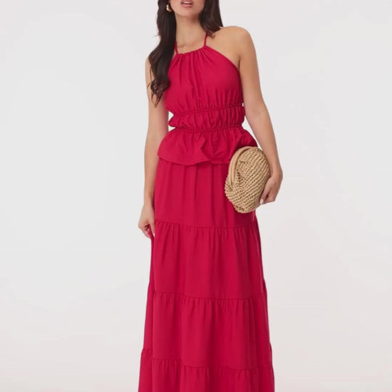 KLEDING-RODE-GETAILLEERDE-TOP-RODE-LANGE-MAXI-ROK

