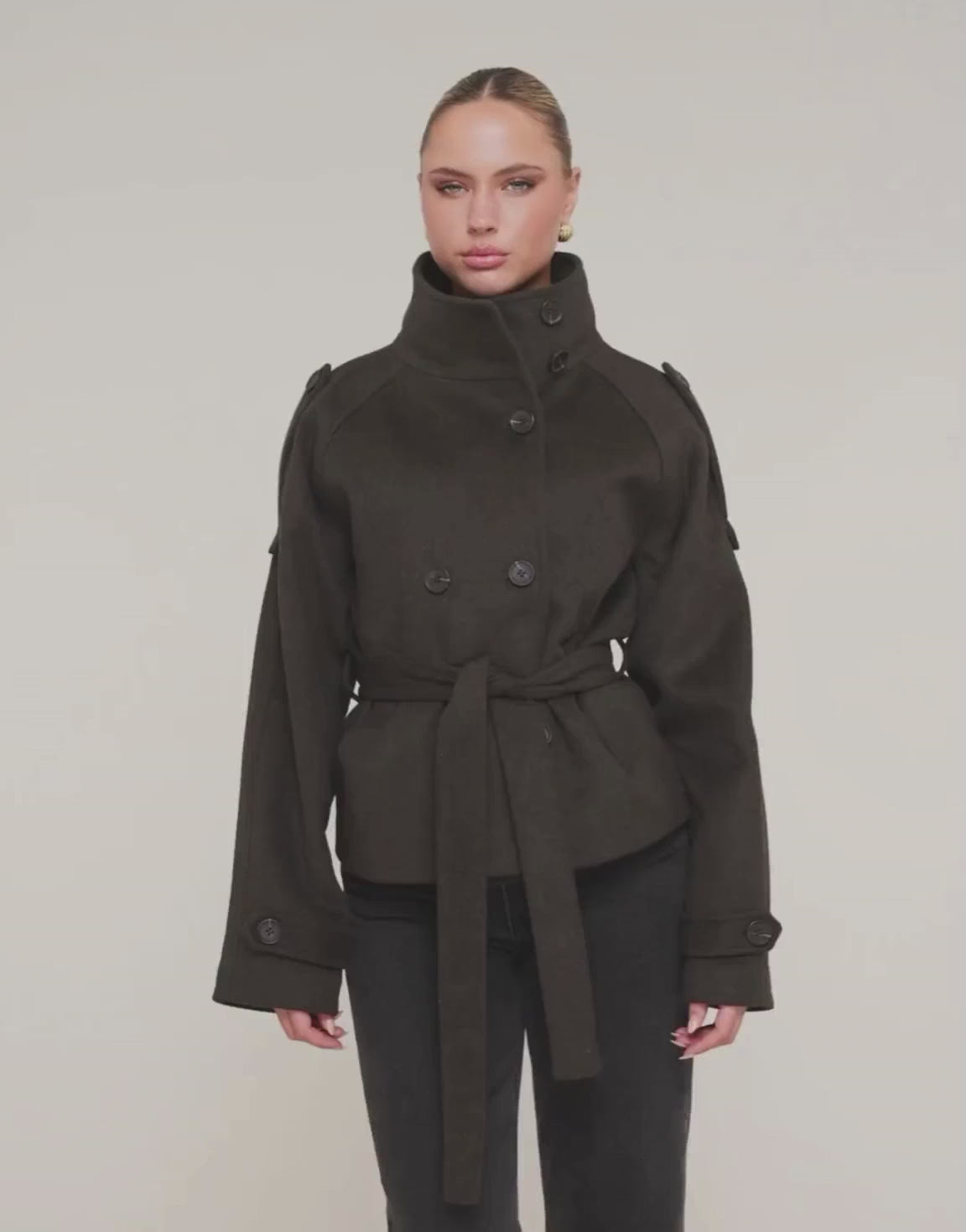 Donkerbruine Korte Wollen Trench - Jas