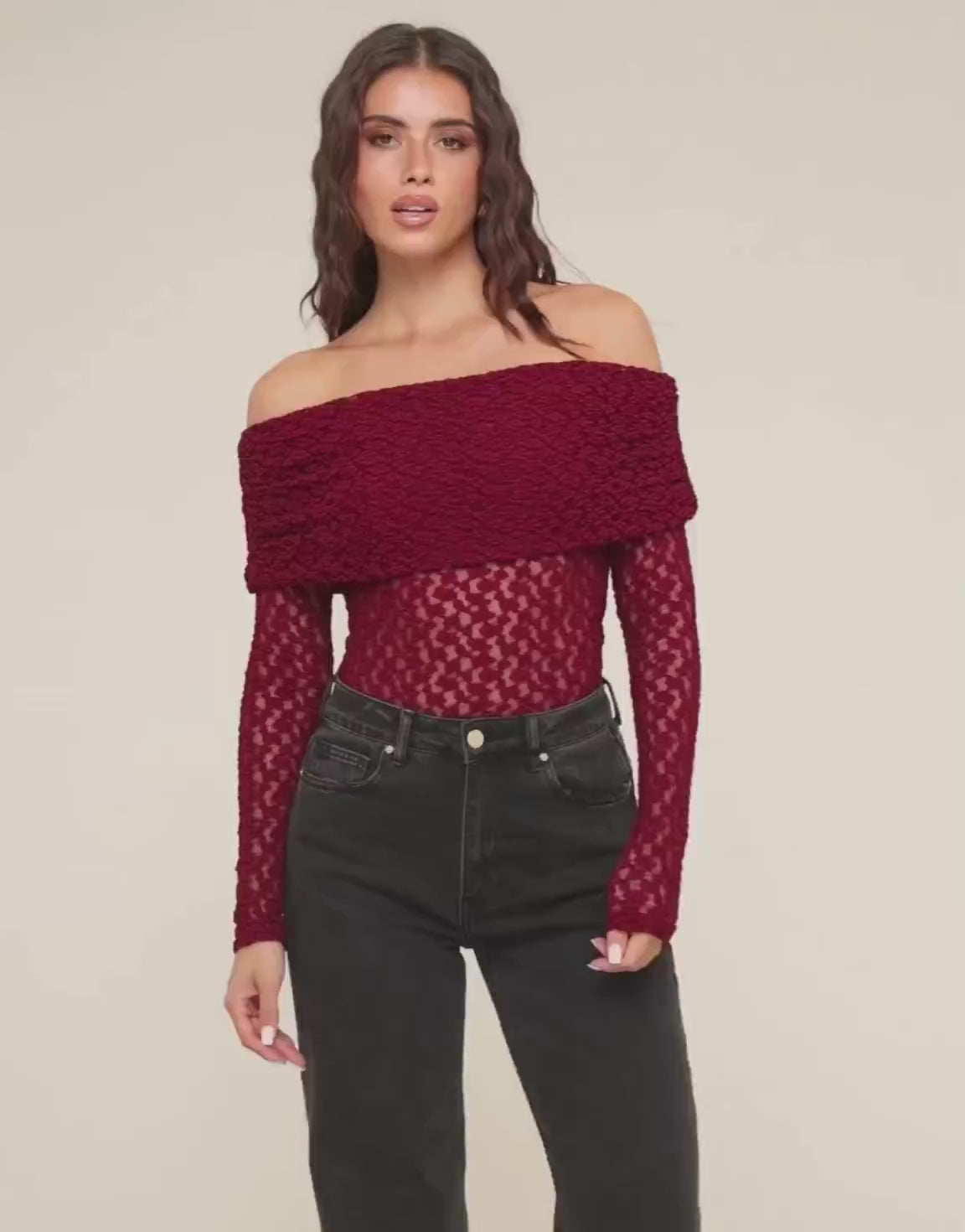 Burgundy Turn-down Off Shoulder - Top