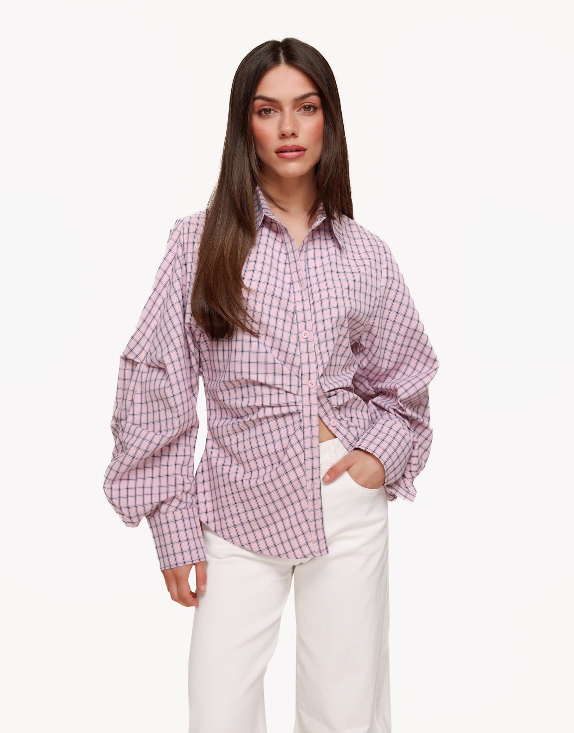 Roze Getailleerde Ruiten - Blouse - Olivia & Kate