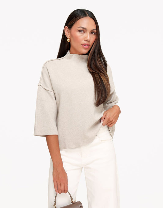 Taupe Basic Hoge Hals 3/4 Mouwen - Top - Olivia & Kate