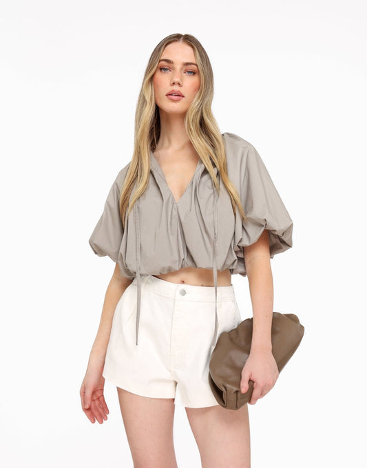 Taupe Cropped Ballon SS - Top - Olivia & Kate