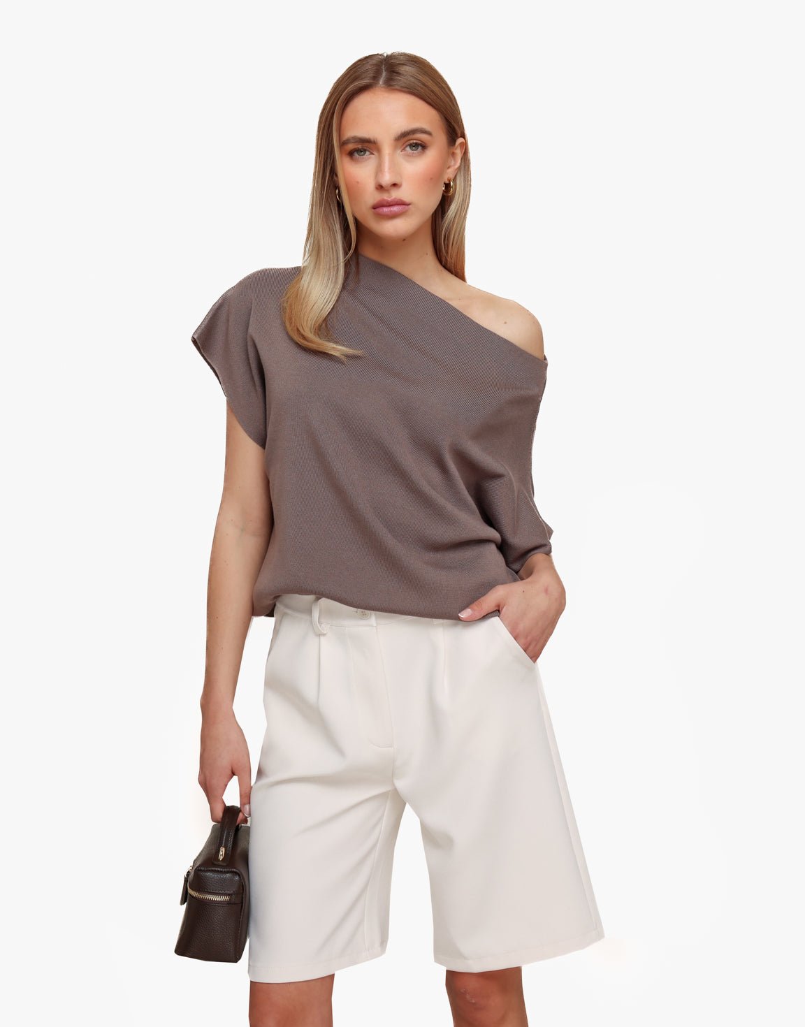 Taupe Gebreide One Shoulder - Top - Olivia & Kate