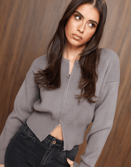 Taupe Gebreide Rits - Vest - Olivia & Kate