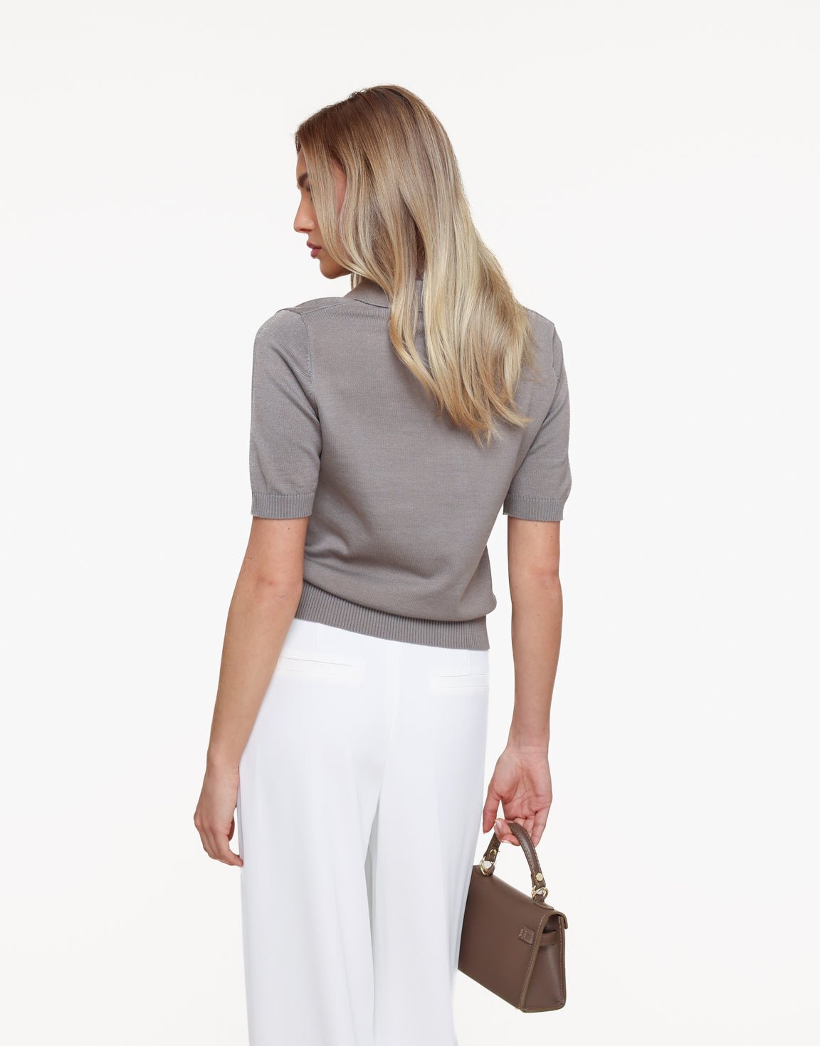 Taupe Gebreide SS Polo - Top - Olivia & Kate