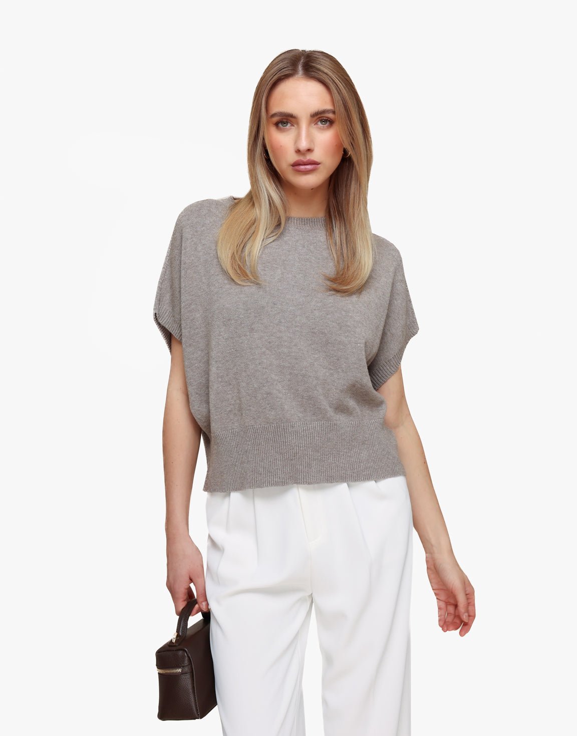 Taupe Gebreide SS - Top - Olivia & Kate