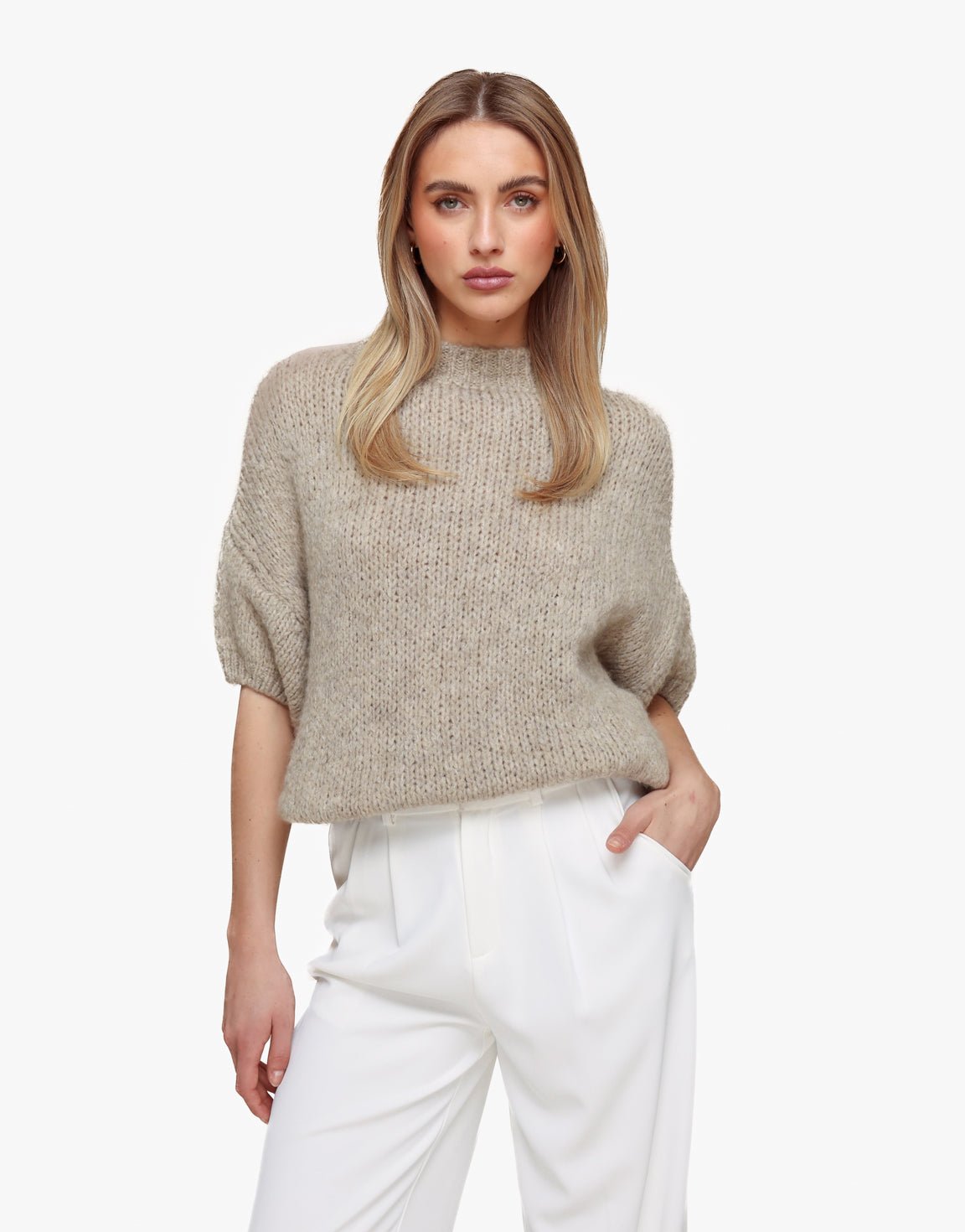 Taupe Gebreide Wollen 3/4 Mouwen - Trui - Olivia & Kate