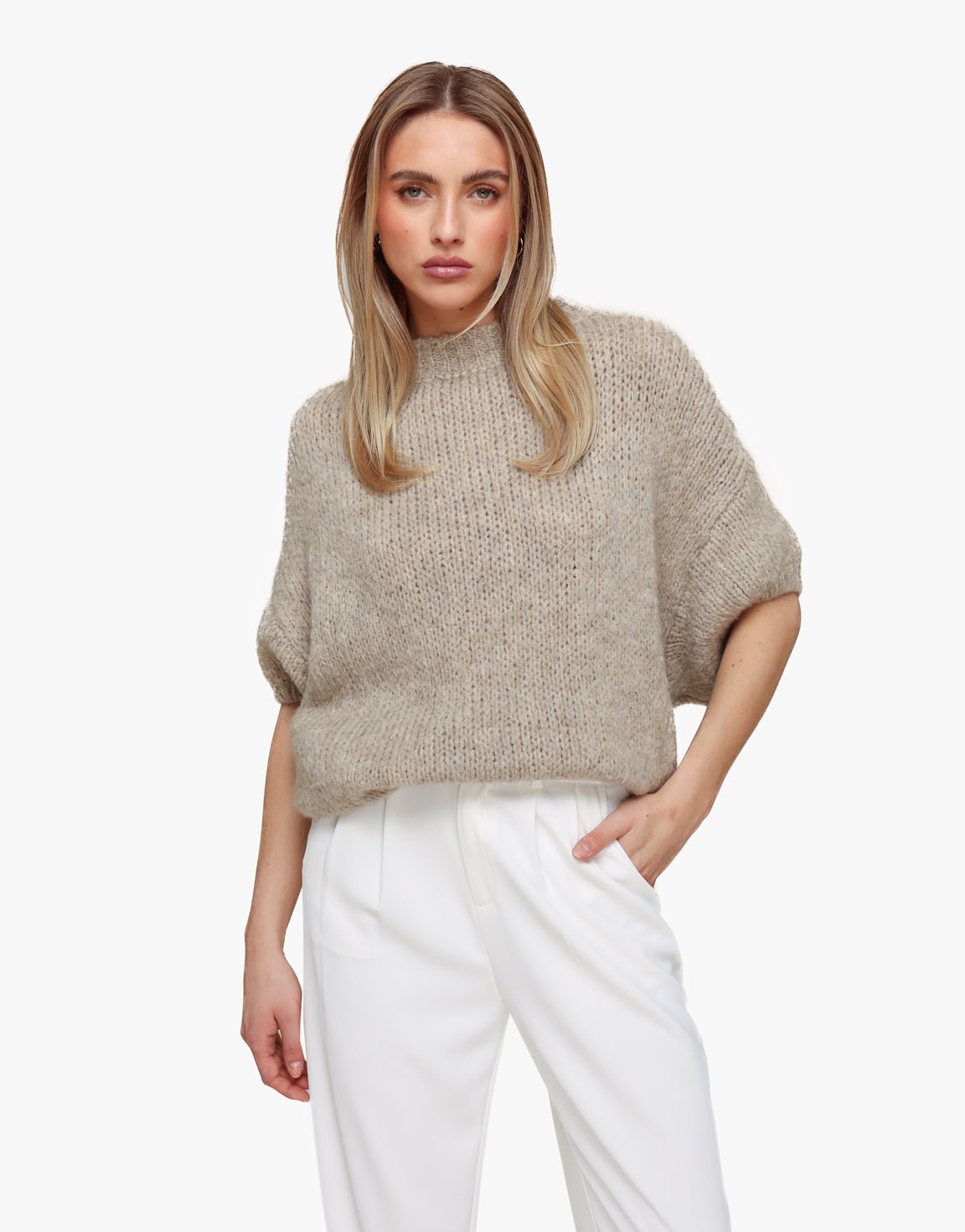 Taupe Gebreide Wollen 3/4 Mouwen - Trui - Olivia & Kate