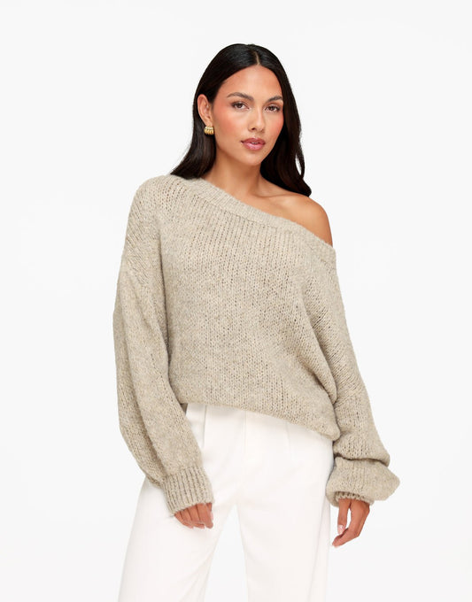Taupe Gebreide Wollen Off Shoulder - Trui - Olivia & Kate