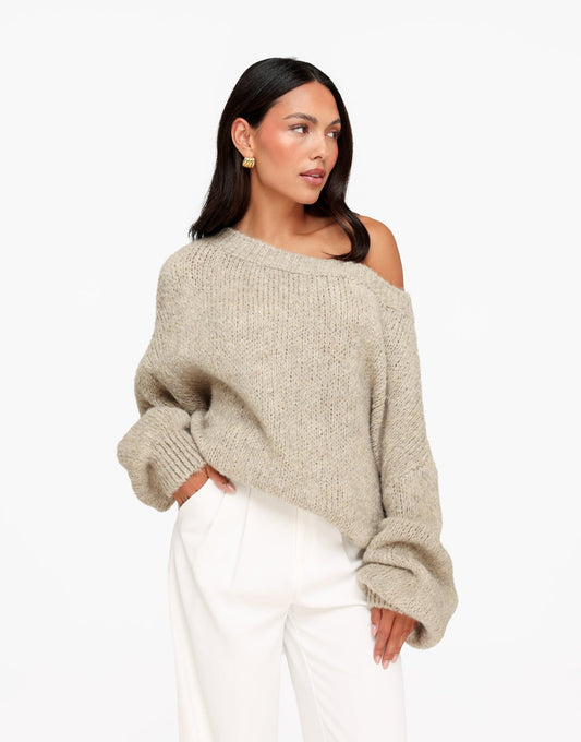 Taupe Gebreide Wollen Off Shoulder - Trui - Olivia & Kate