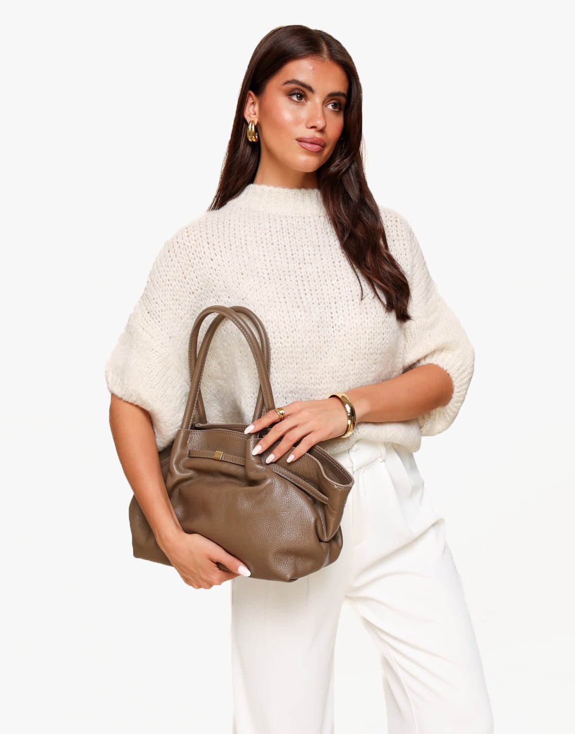 Taupe Grote Leren Shopper - Tas - Olivia & Kate