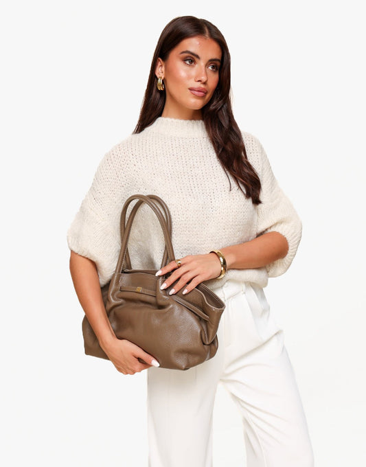 Taupe Grote Leren Shopper - Tas - Olivia & Kate