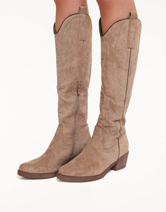 Taupe Hoge Suede Cowboy - Laarzen - Olivia & Kate