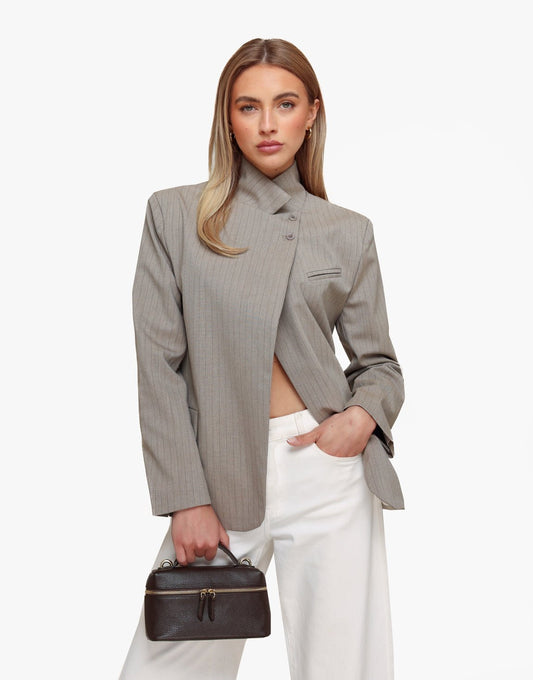 Taupe Strepen Hoge Knoop Split - Blazer - Olivia & Kate