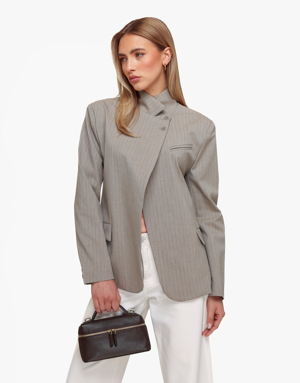 Taupe Strepen Hoge Knoop Split - Blazer - Olivia & Kate