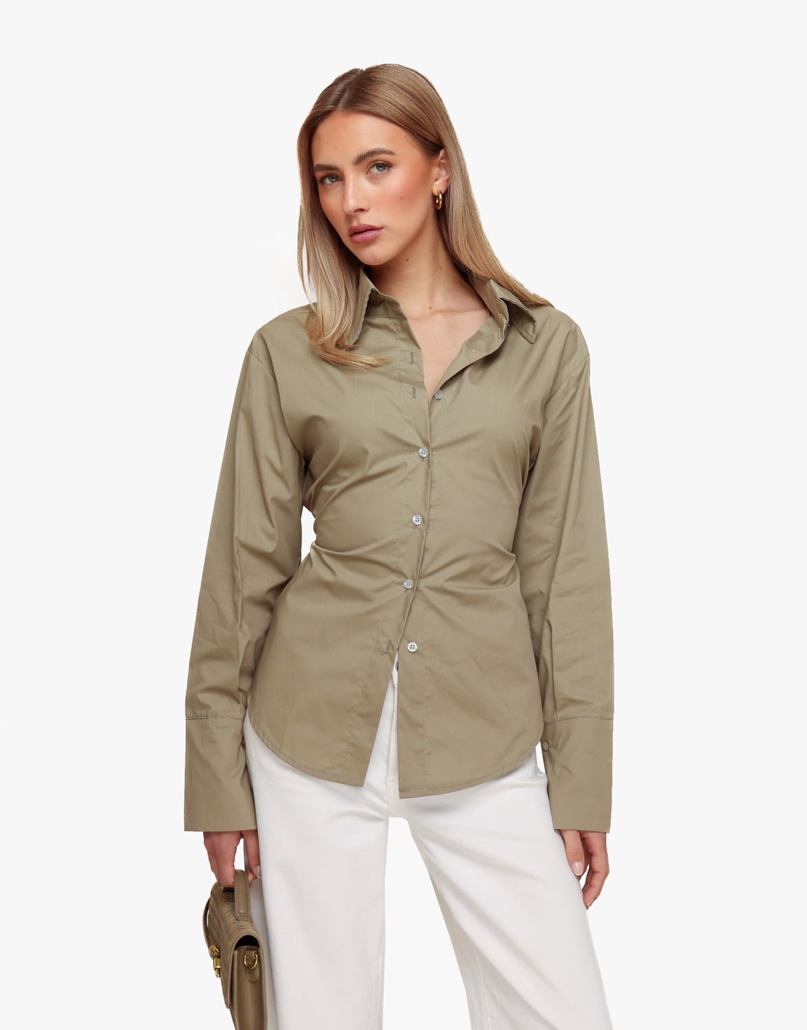 Taupe Strik Op Rug Kraag - Blouse - Olivia & Kate