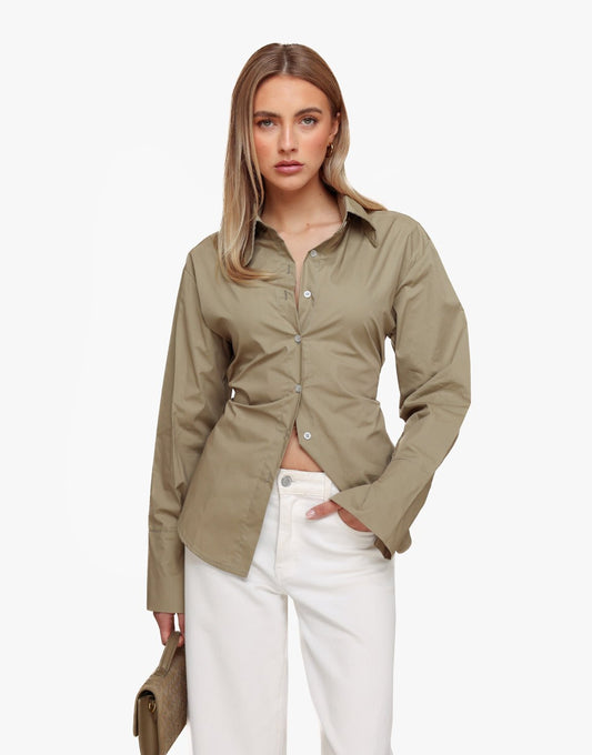 Taupe Strik Op Rug Kraag - Blouse - Olivia & Kate