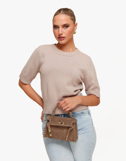 Taupe Suede Gold Detail - Bag - Olivia & Kate