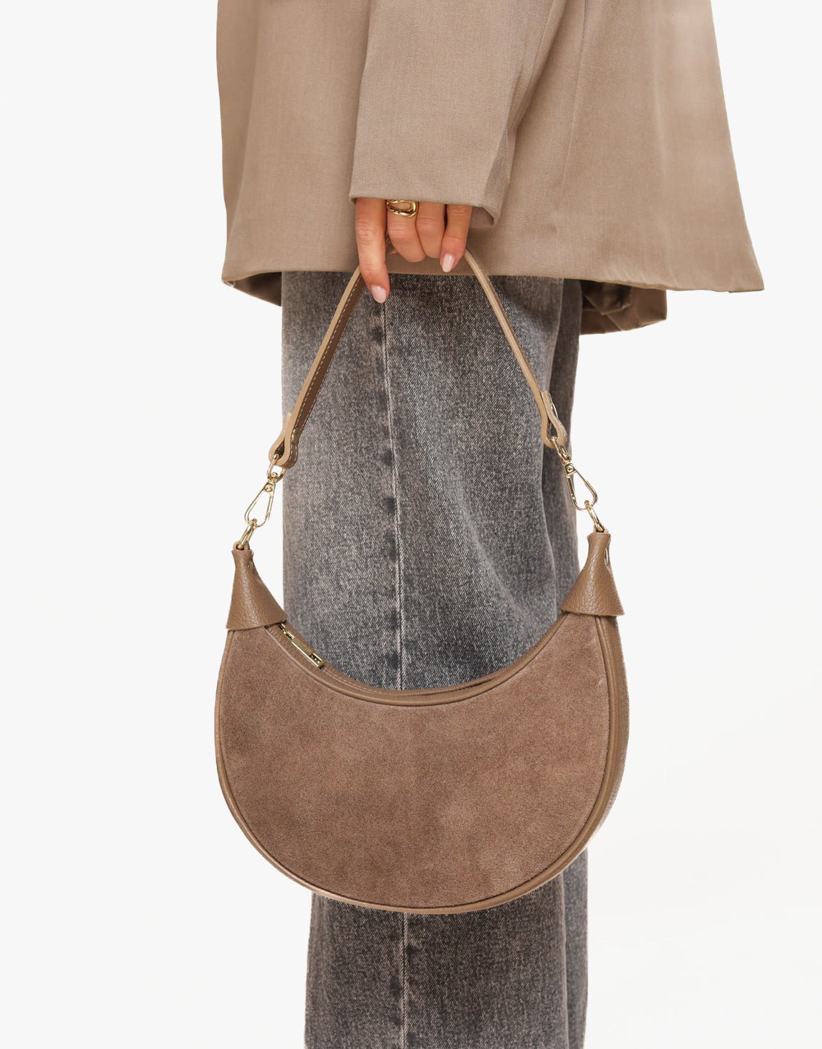 Taupe Suede Half Round Leather - Bag - Olivia & Kate