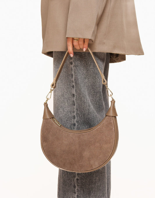 Taupe Suede Half Ronde Leren - Tas - Olivia & Kate