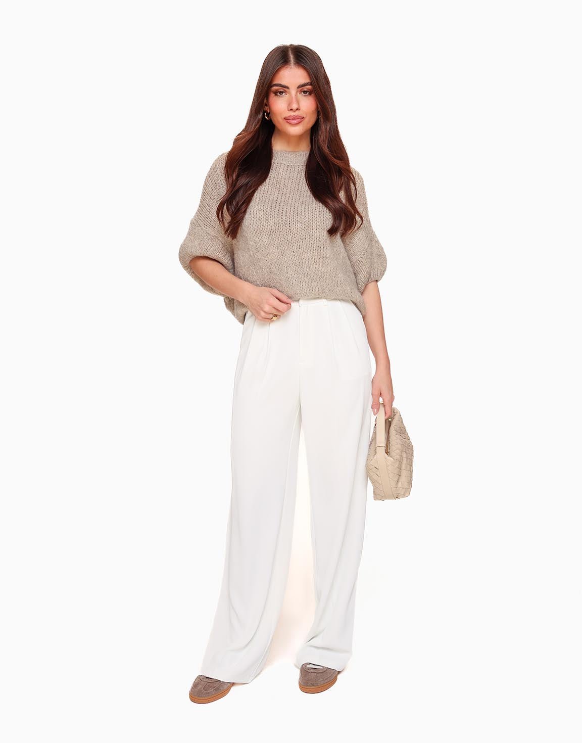 Taupe Wollen Gebreide 3/4 Mouwen - Trui - Olivia & Kate