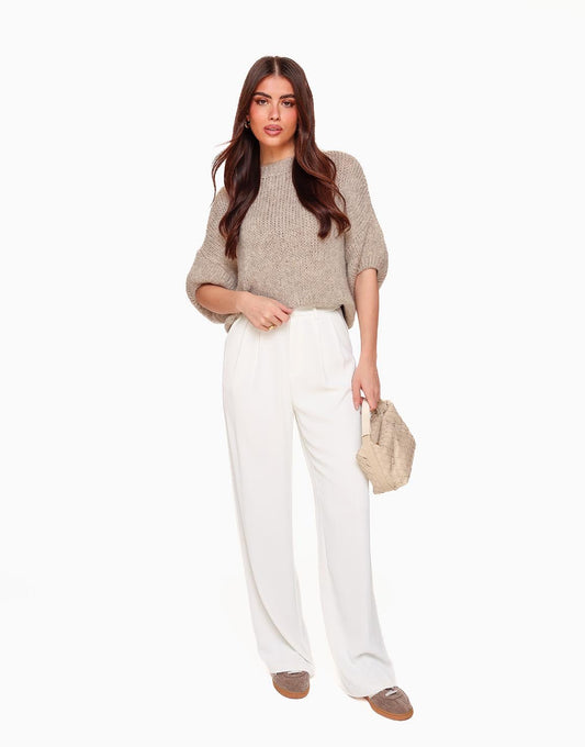Taupe Wollen Gebreide 3/4 Mouwen - Trui - Olivia & Kate
