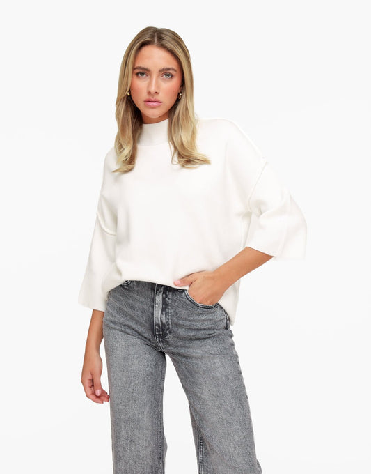 Witte Basic Hoge Hals 3/4 Mouwen - Top - Olivia & Kate