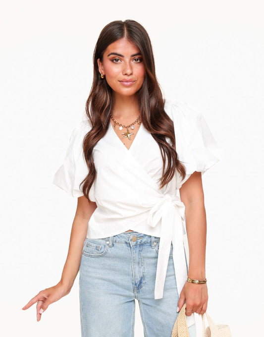 White Short Puff Sleeves Wrap - Top - Olivia & Kate
