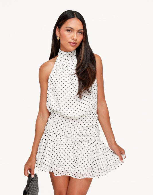 Witte Mini Polkadot Mouwloze Ruffel - Jurk - Olivia & Kate