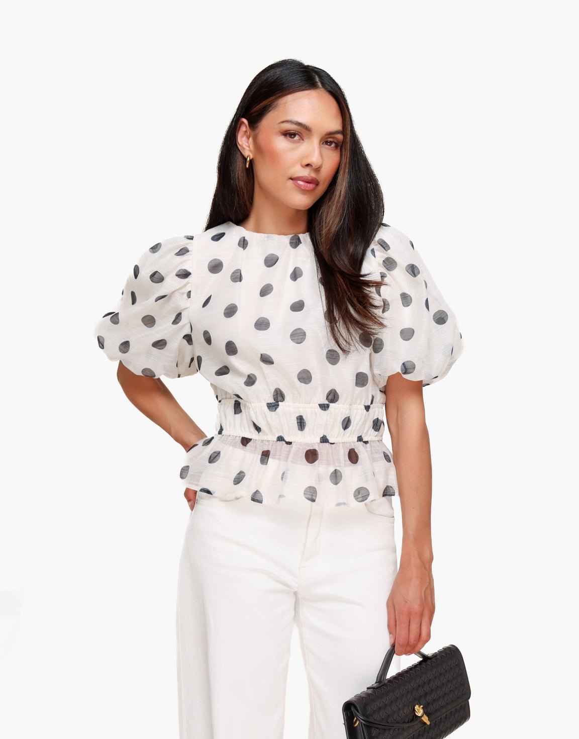 Witte Polkadot Peplum Pofmouwen - Top - Olivia & Kate