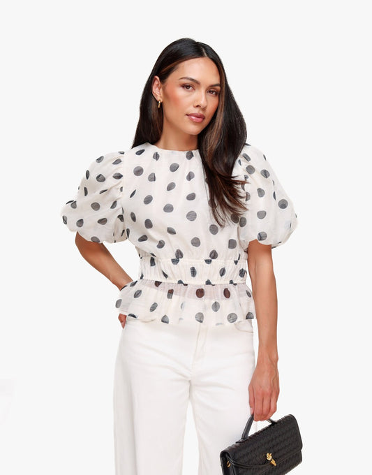 Witte Polkadot Peplum Pofmouwen - Top - Olivia & Kate