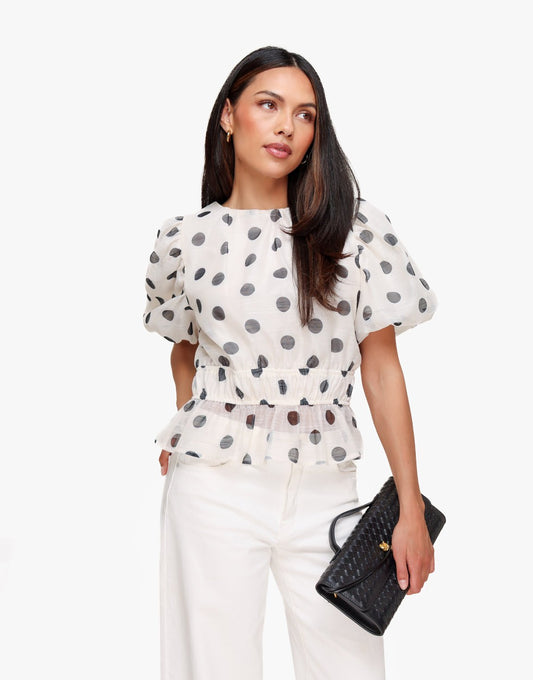 Witte Polkadot Peplum Pofmouwen - Top - Olivia & Kate