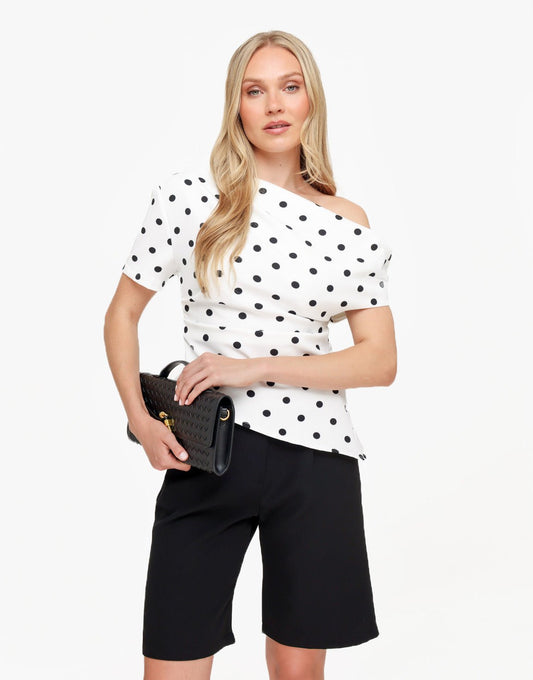 Witte Stippen Gedrapeerde Off Shoulder - Top - Olivia & Kate