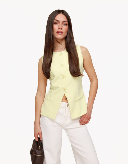 Zachtgele Hoge Knopen Gilet + Witte Wijde Spijkerbroek - Set - Olivia & Kate