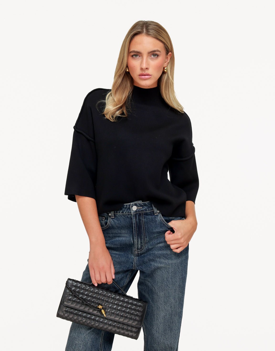 Zwarte Basic Hoge Hals 3/4 Mouwen - Top - Olivia & Kate
