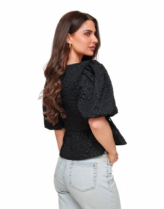 Zwarte Bloemen Strikjes Pofmouwen SS - Top - Olivia & Kate