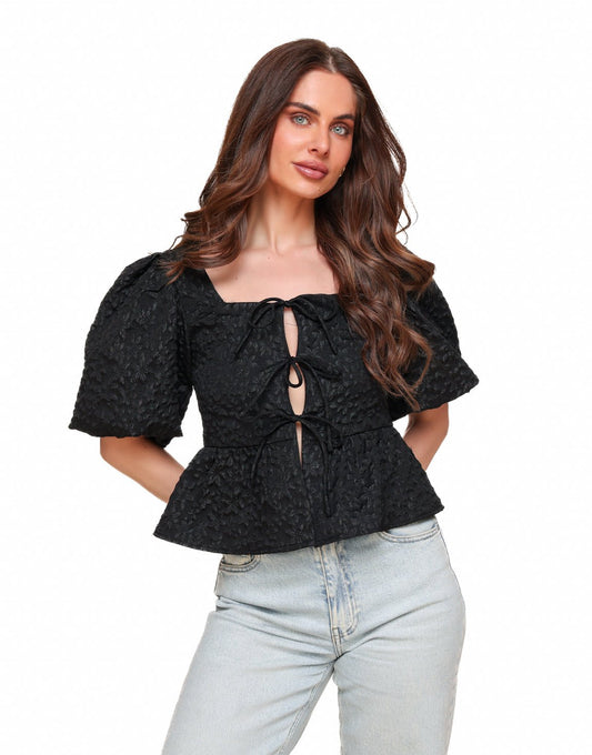Zwarte Bloemen Strikjes Pofmouwen SS - Top - Olivia & Kate