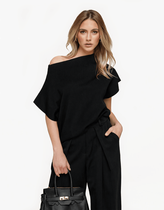 Zwarte Gebreide One Shoulder Top+ Zwarte Satijnen Kanten Short - Set - Olivia & Kate