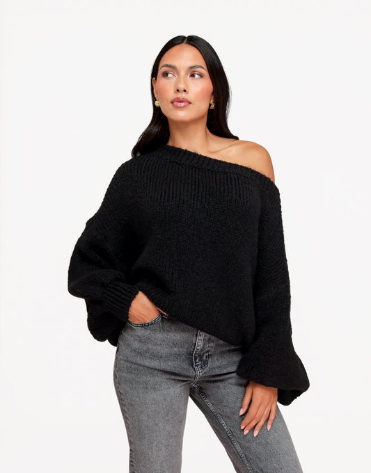 Zwarte Gebreide Wollen Off Shoulder - Trui - Olivia & Kate