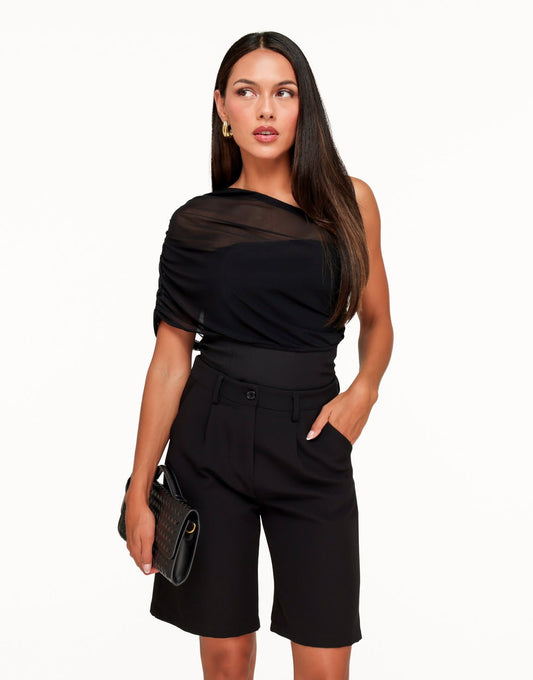 Zwarte Gedrapeerde Mesh One Shoulder - Top - Olivia & Kate