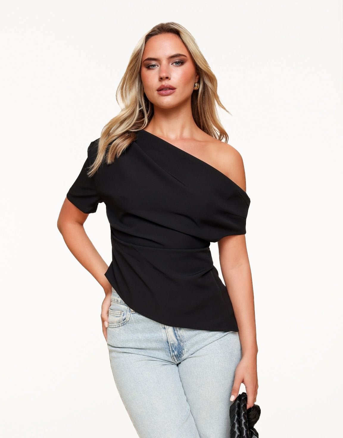 Zwarte Gedrapeerde Off Shoulder SS - Top - Olivia & Kate