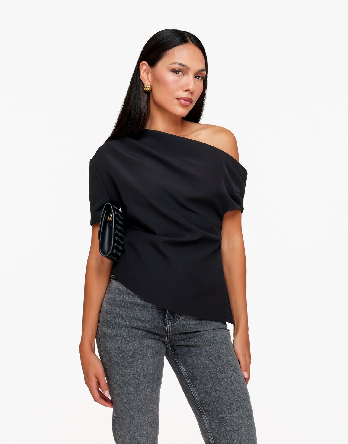 Zwarte Gedrapeerde Off Shoulder SS - Top - Olivia & Kate