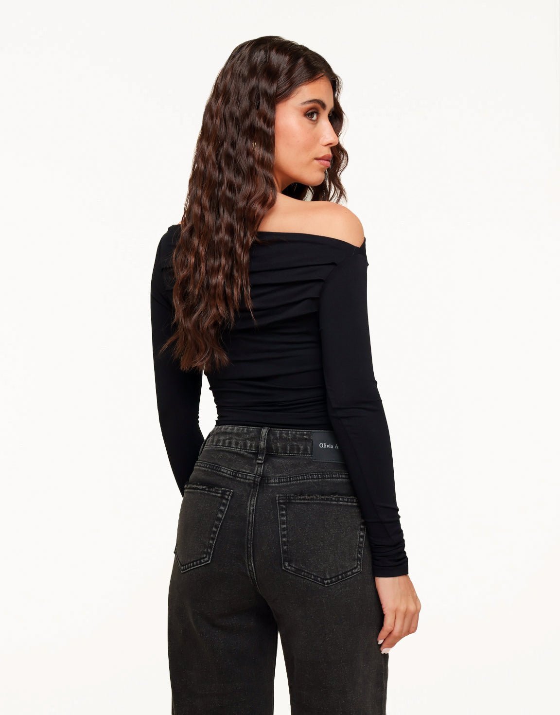 Black Draped Off Shoulder - Top - Olivia & Kate