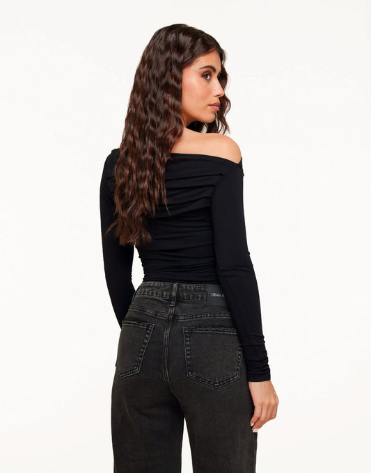Black Draped Off Shoulder - Top - Olivia & Kate