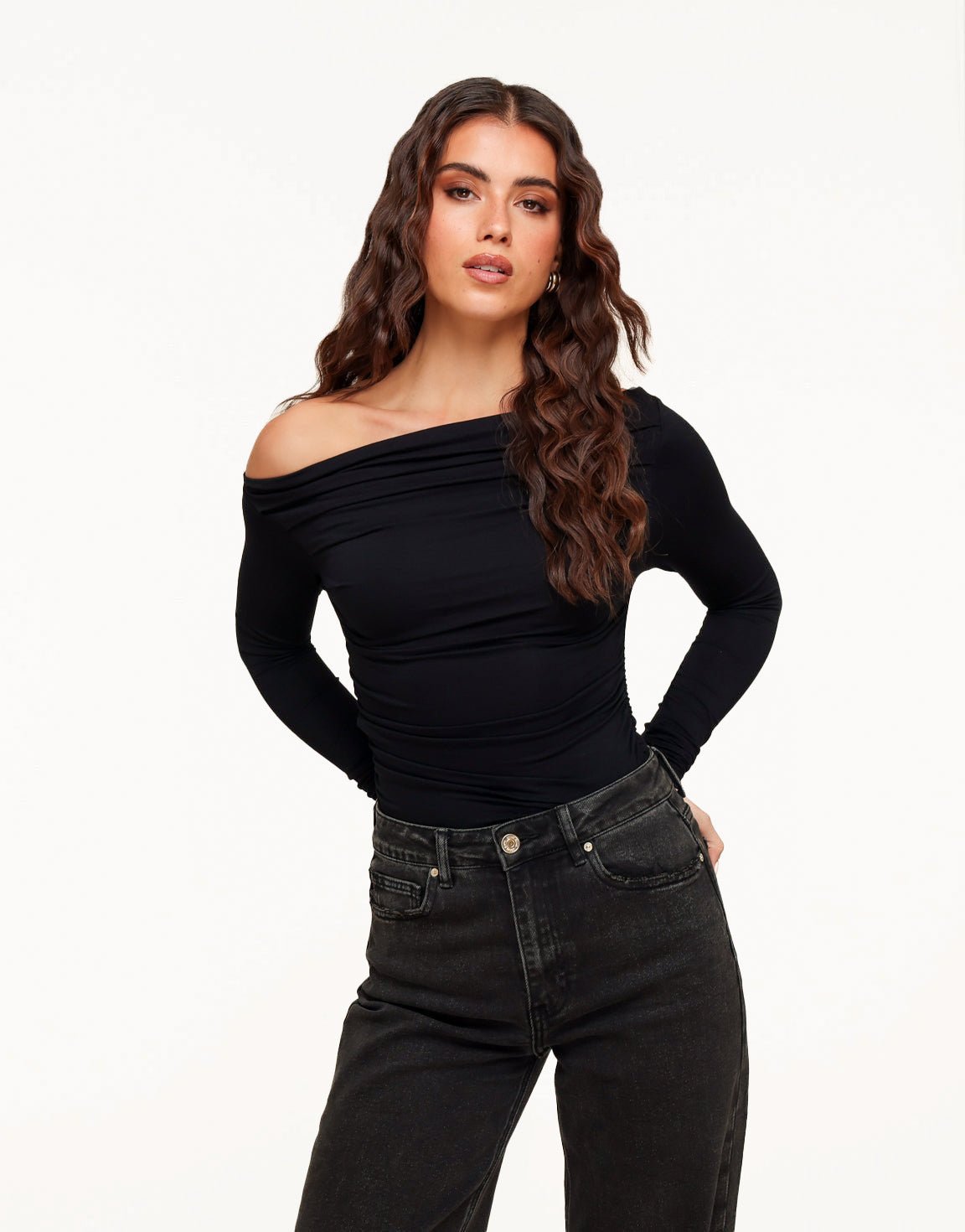 Black Draped Off Shoulder - Top - Olivia & Kate