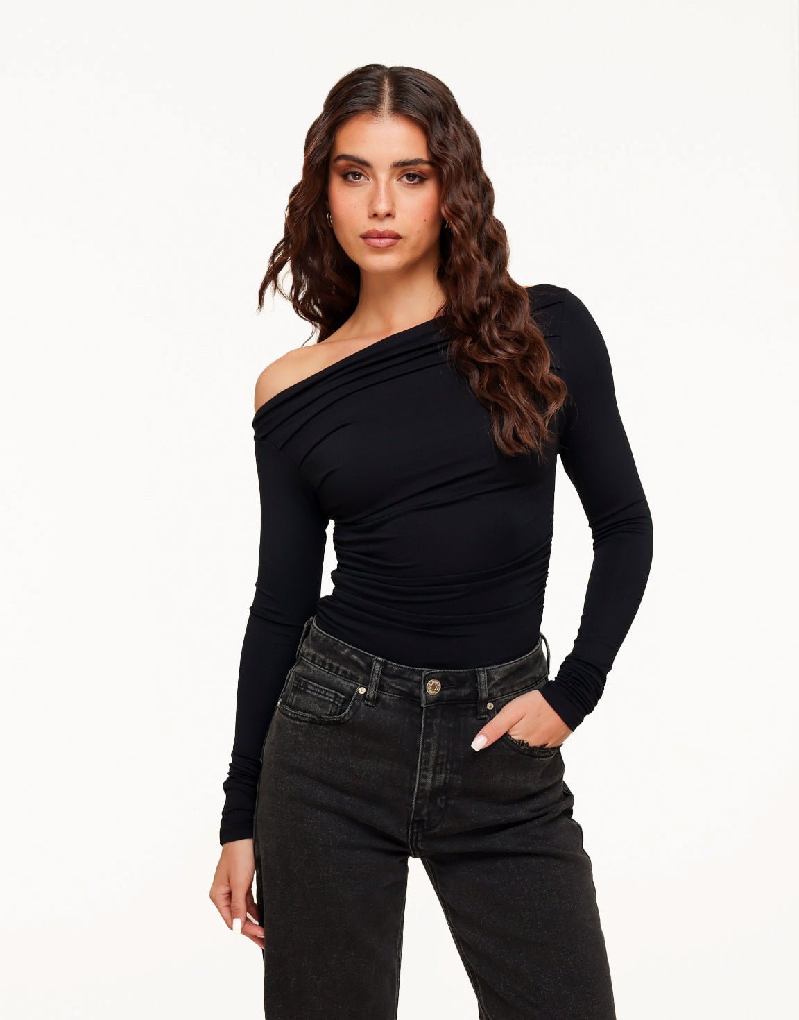 Black Draped Off Shoulder - Top - Olivia & Kate