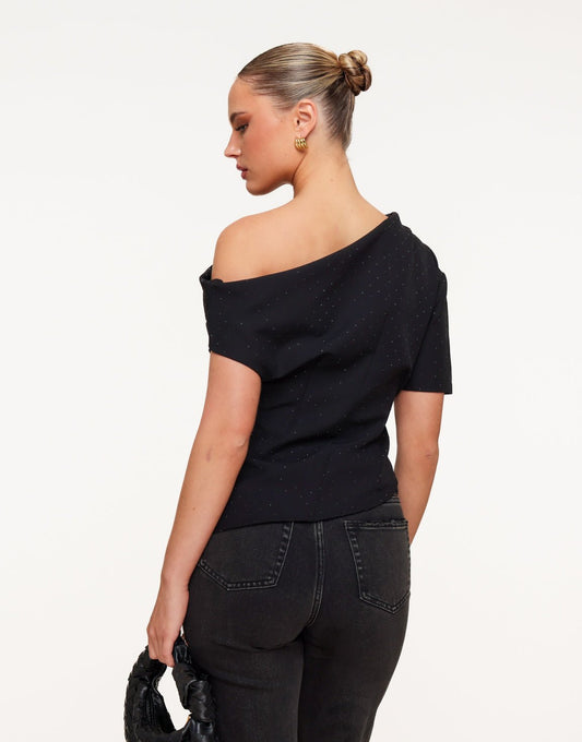 Zwarte Gedrapeerde Off Shoulder Zwarte Stenen SS - Top - Olivia & Kate